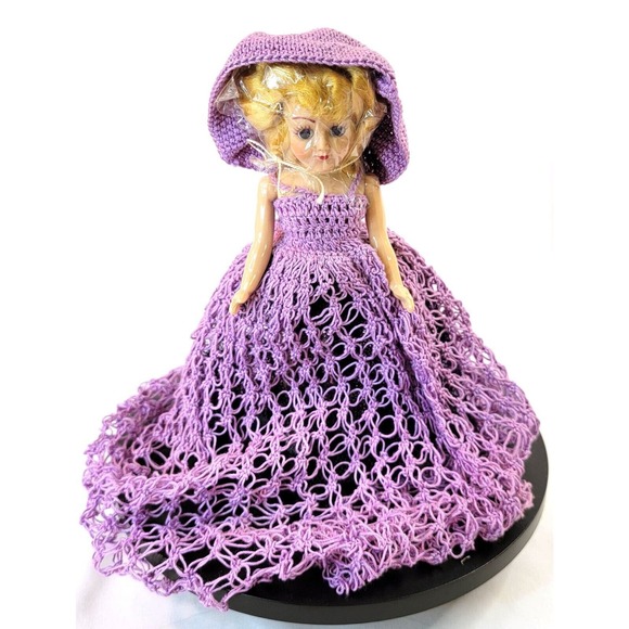 Unbranded Other - Vintage Doll Blonde Hair w/ Violet Handmade Crochet Dress Hat Sleep Eyes